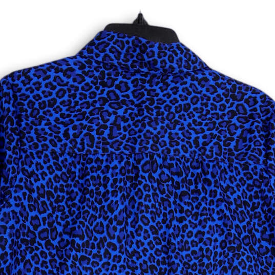 Womens Blue Leopard Print Spread Collar 3/4 Sleeve Button-Up Shirt Size L image number 4