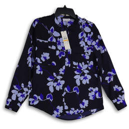 NWT Womens Blue Floral Mandarin Collar Long Sleeve Button-Up Shirt Size S