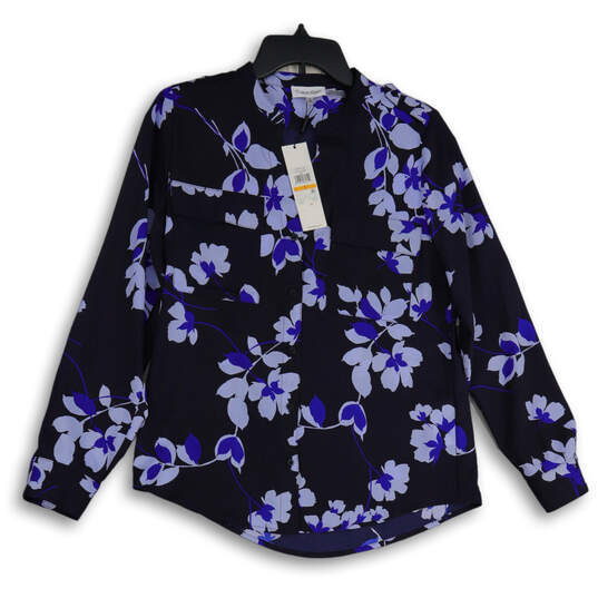 NWT Womens Blue Floral Mandarin Collar Long Sleeve Button-Up Shirt Size S image number 1