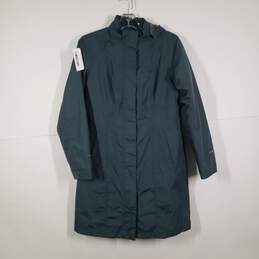 Womens Long Sleeve Front Pockets Hooded Long Full-Zip Rain Coat Size PXS