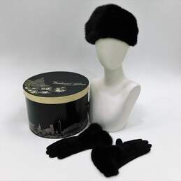 Vintage Women's Black Mink Fur Pillbox Hat w/ Rabbit Fur Trim Gloves & Hat Box