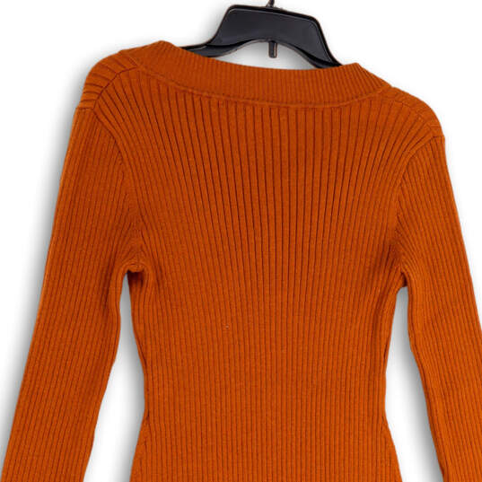 Womens Orange Ribbed V-Neck Long Sleeve Pullover Sweater Dress Size S image number 4