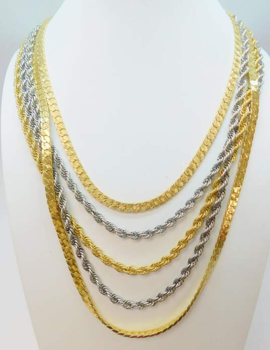 Vintage Goldette New York Goldtone & Silvertone Textured Curb & Twisted Rope Multi Chains Layered Statement Necklace 134.9g image number 1