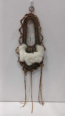 Wicker, Wood, Fur, & Beaded Wall Hanging Basket