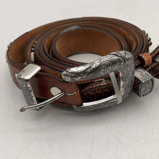 Pair Of 2 Womens Brown Leather Beaded Adjustable Waist Belt With Silver Buckle image number 2