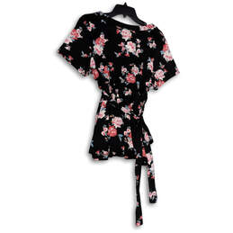 NWT Womens Black Pink Floral Short Sleeve Surplice Neck Blouse Top Size 1 alternative image