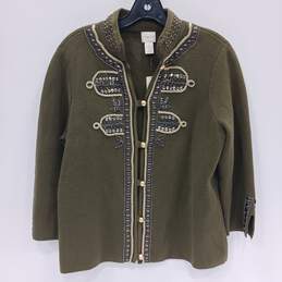 Chico's Women's Military Cardi Sweater Embellished Olive Size 1 NWT;