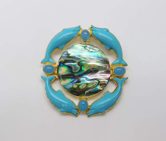 925 Sajen Turquoise Abalone & Aqua Chalcedony Dolphin Brooch image number 3