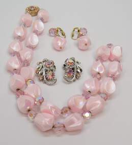 Vintage Bergere & Coro Goldtone Pink Aurora Borealis Crystals & Plastic Beaded Necklace & Matching Drop & Rhinestone Leaf Clip On Earrings 82.3g alternative image