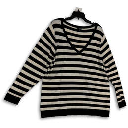Womens Black White Knitted Striped Long Sleeve V-Neck Pullover Sweater Sz 3