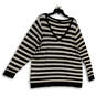 Womens Black White Knitted Striped Long Sleeve V-Neck Pullover Sweater Sz 3 image number 1
