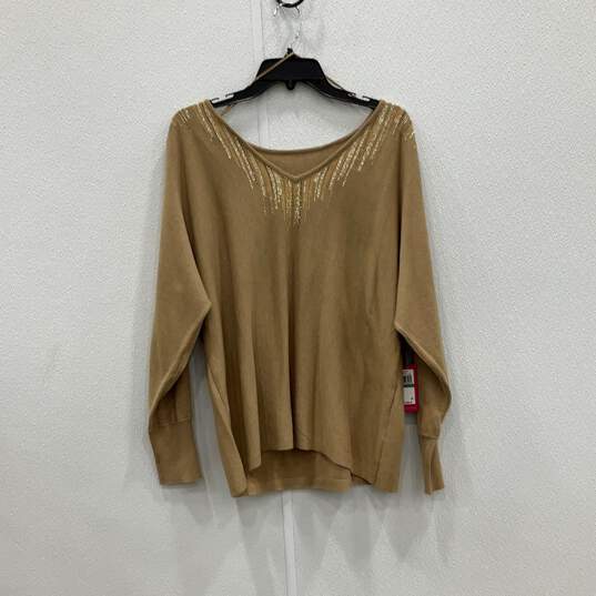 NWT Womens Beige Gold Shimmer Dolman Sleeve Pullover Sweater Size Large image number 1