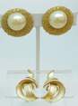 Vintage Crown Trifari Faux Pearl Textured Gold Tone Clip On Earrings 32.1g image number 1