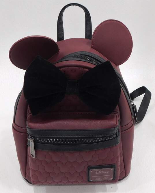 Loungefly Disney Minnie Mouse Burgundy Quilted Leather Velvet Bow Mini Backpack image number 1