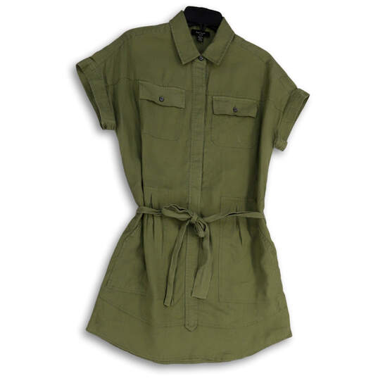 Womens Green Short Sleeve Spread Collar Tie Waist Shirt Dress Size PS image number 1