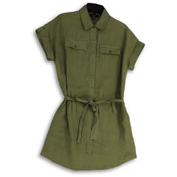 Womens Green Short Sleeve Spread Collar Tie Waist Shirt Dress Size PS