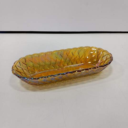 Vintage Yellow Carnival Glass Weave Design Dish image number 1