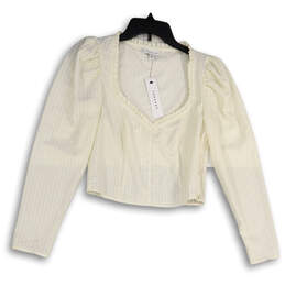 NWT Womens White Long Sleeve Ruffle Neck Pullover Cropped Blouse Top Size 6