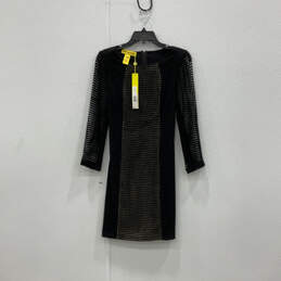 NWT Womens Black Beige Round Neck Long Sleeve Back Zip Sheath Dress Size S alternative image