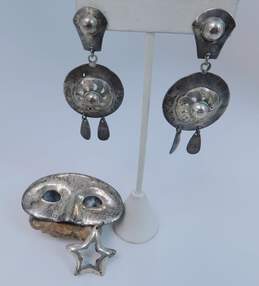 Vintage Taxco Sterling Silver Mask Star Dangle Brooch & Drop Earrings 37.1g