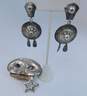 Vintage Taxco Sterling Silver Mask Star Dangle Brooch & Drop Earrings 37.1g image number 1