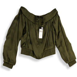 NWT Womens Green Long Sleeve Off The Shoulder Cropped Bomber Jacket Sz XXS alternative image