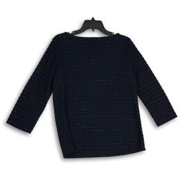 Womens Navy Blue Sequin 3/4 Sleeve Boat Neck Pullover Blouse Top Size M alternative image