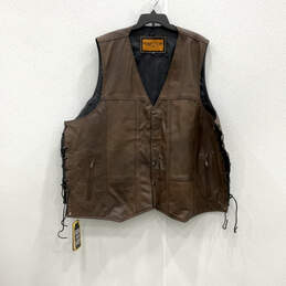 NWT Mens Brown Leather Sleeveless Zipped Pocket V-Neck Vest Size 64