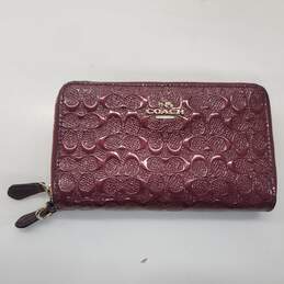 Coach Wine Red Accordion Zip Embossed Leather Wristlet Wallet