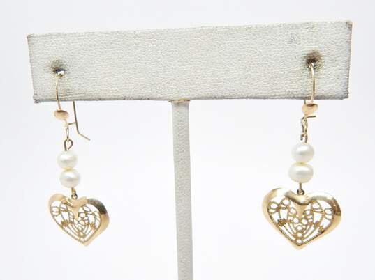 14K Yellow Gold Filigree Heart Pearl Earrings 1.5g image number 3