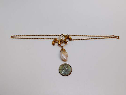 Art Nouveau 14K Yellow Gold Pearl 0.10 CT Diamond Lavalier Pendant Necklace 8.6g image number 5