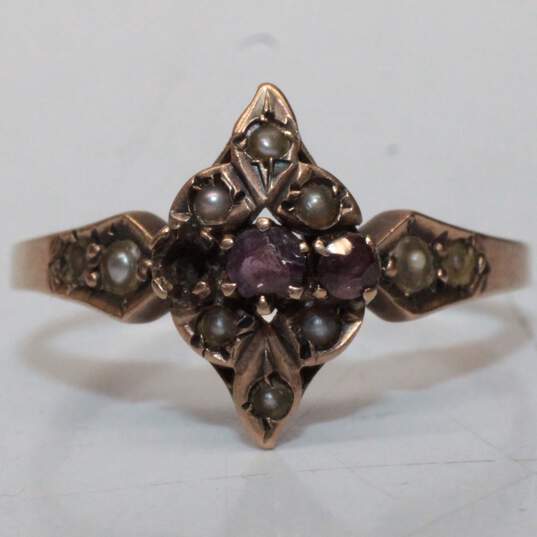 Vintage 9K Yellow Gold Pearl Purple Glass Accent Ring Size 6.75 FOR SETTING - 1.65g image number 3
