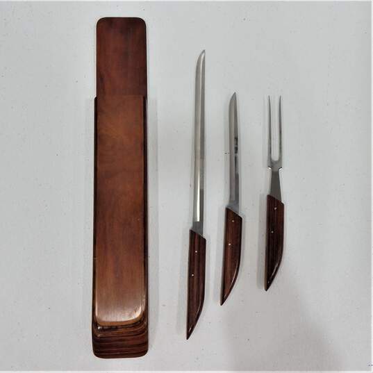 Vtg ROBESON Shur-Edge Frozen Heat Carving Knife Fork Set W/Wood Holder image number 1