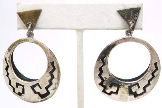 Taxco Mexico 925 Modernist Stepped Cut Outs Tapered Circle Drop Post Earrings image number 2