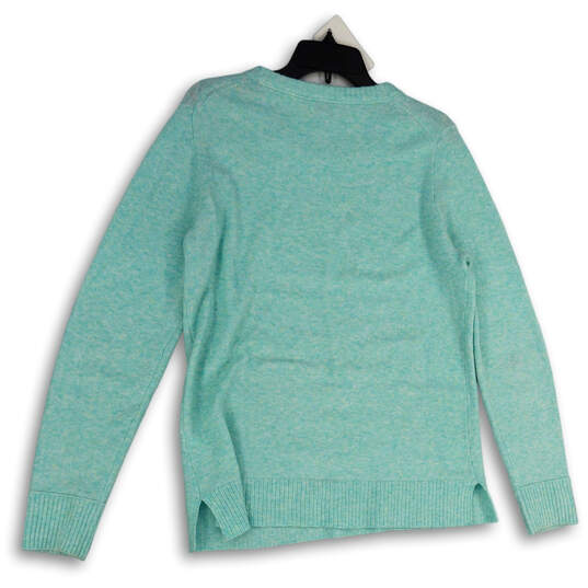 Womens Green Knitted Side Slit Crew Neck Long Sleeve Pullover Sweater Sz M image number 2