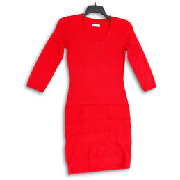 Womens Red Knitted Scoop Neck 3/4 Sleeve Knee Length Sweater Dress Size S