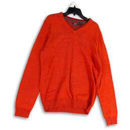 Mens Orange Tight-Knit V-Neck Long Sleeve Pullover Sweater Size Small