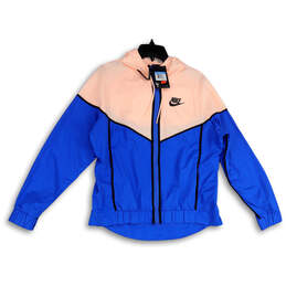 NWT Womens Pink Blue Hooded Full-Zip Windbreaker Jacket Size Medium
