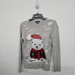KAREN SCOTT Grey Knit Winter Polar Bear Crewneck Long Sleeve Sweater