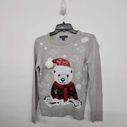 KAREN SCOTT Grey Knit Winter Polar Bear Crewneck Long Sleeve Sweater image number 1