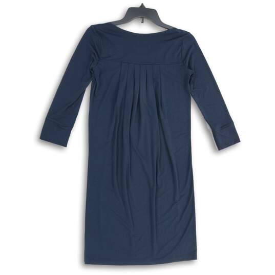 NWT Womens Navy Blue Pleated Round Neck Long Sleeve Pullover Shift Dress Size XS image number 2