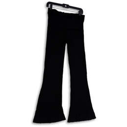 Womens Black Ribbed Knit Elastic Waist Pull-On Flared Ankle Pants Size L