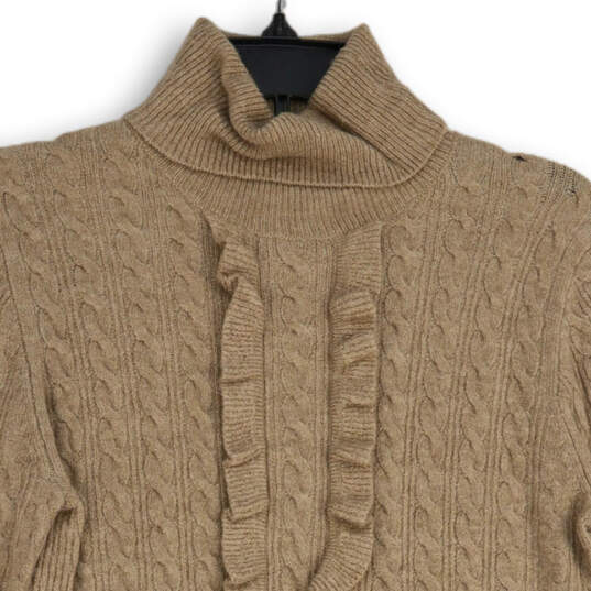 Womens Tan Cable Knit Ruffle Turtleneck Long Sleeve Pullover Sweater Size S image number 3