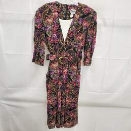 Vintage 80s R.E.O. Originals Women's Floral Print Belted Midi Dress Size 12