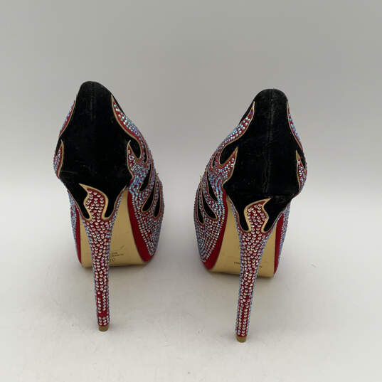 Womens Black Red Leather Sequin Bling Flame Fire Round Toe Pump Heels Sz 10 image number 3