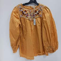 NWT Womens Yellow Floral Embroidered Round Neck Long Sleeve Blouse Top Size Medium