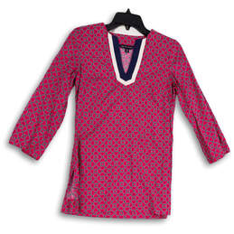 Womens Pink Geometric Pattern Long Sleeve V-Neck Pullover Tunic Top Size XS