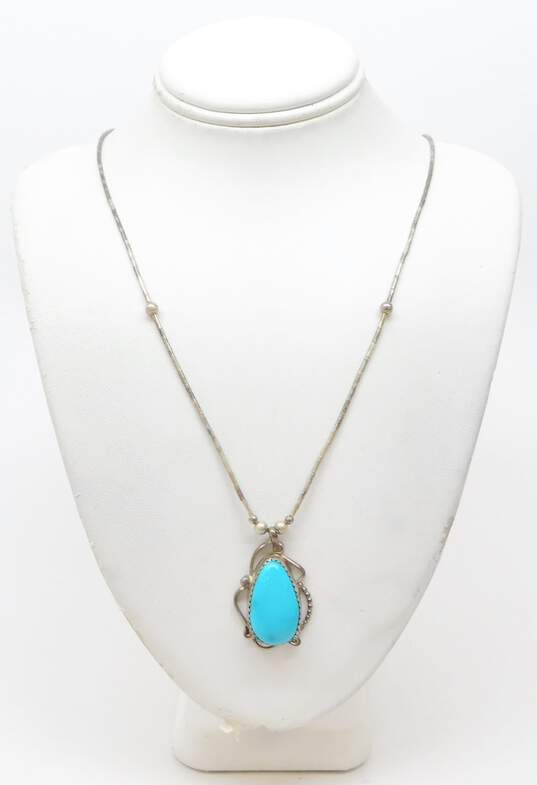 SR Stamped Southwestern Artisan 925 Turquoise Pendant On Liquid Silver Necklace image number 1
