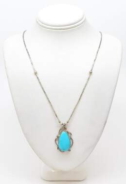 SR Stamped Southwestern Artisan 925 Turquoise Pendant On Liquid Silver Necklace