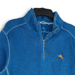 Mens Blue Mock Neck Long Sleeve Quarter Zip Pullover Sweater Size L alternative image